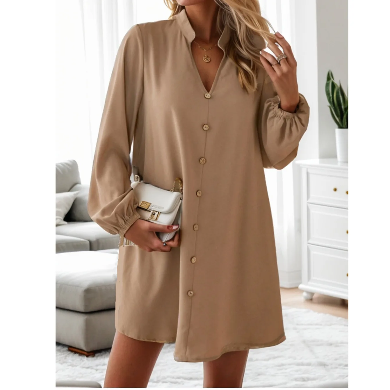 Frühling Herbst Reine Farbe V-ne Einzigen Taste Lose A-linie Lange Sve irt Dr Straße Sle Lose Taille Polyester Faser