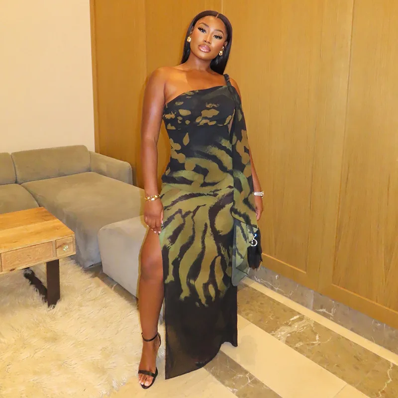 

STYLISH LADY Tie Die Printed Retro Dress 2025 Summer Women One Shoulder Strapless Club Party High Split Maxi Mesh Dresses