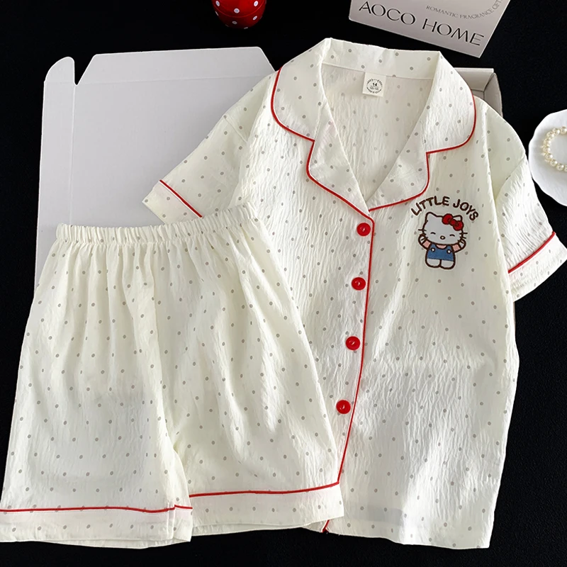 

Summer Cute Hello Kitty Cloud Cotton Cardigan Collar Women's Home Clothing Set