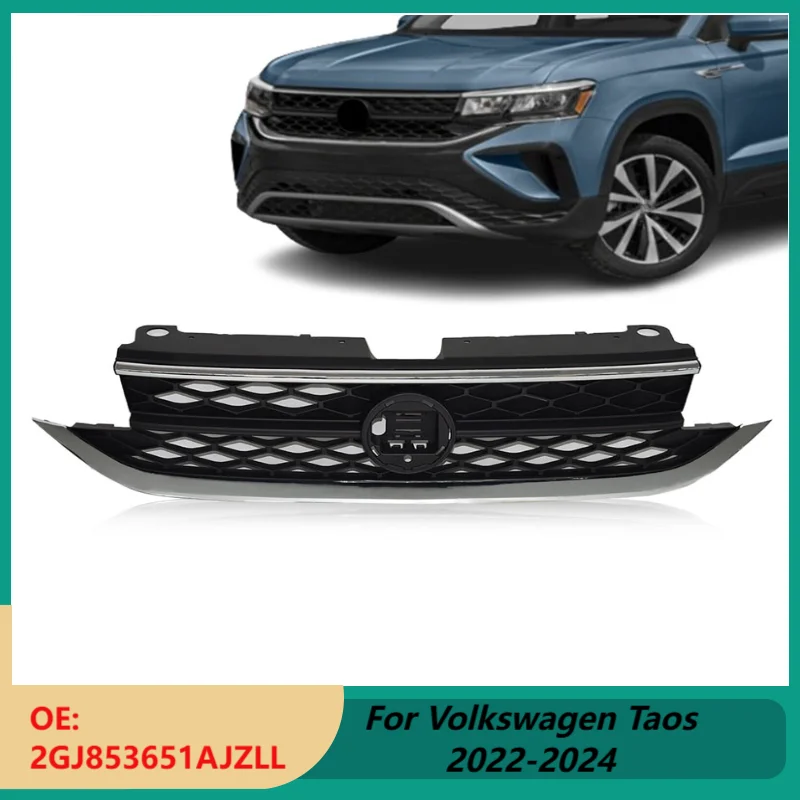 

Центральная решетка переднего бампера автомобиля, подходит для Volkswagen Taos 2022-2024, черная вентиляционная решетка с отверстием для камеры, хром 2GJ853651AJZLL