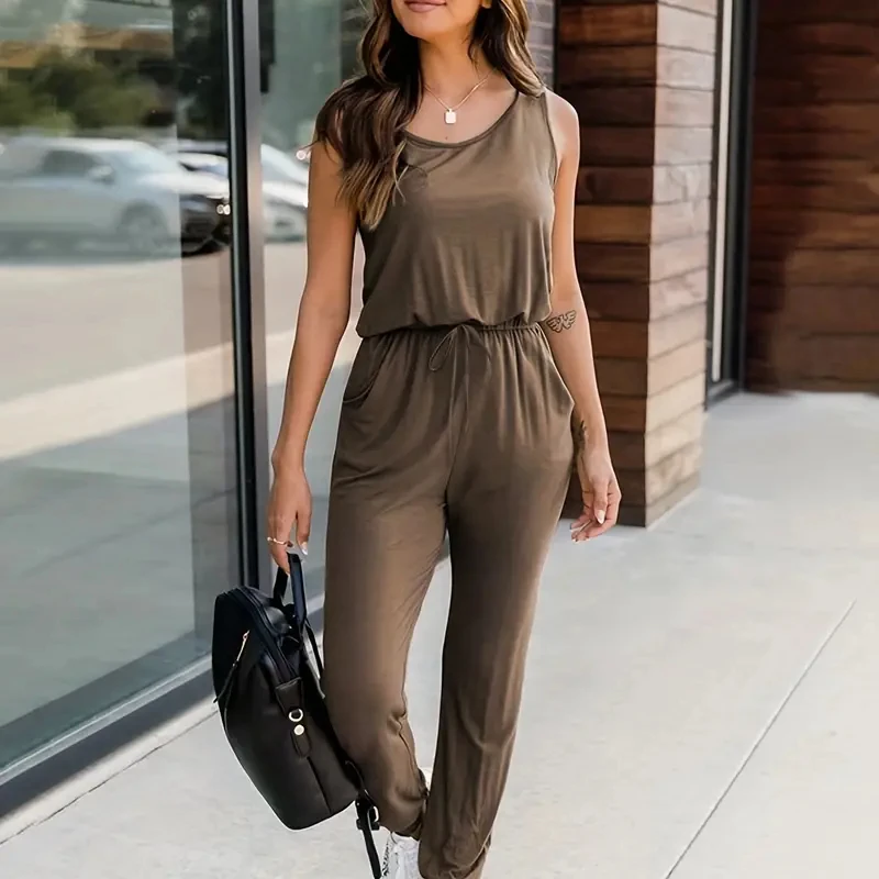 Summer Women\'s Sleeveless Drawstring Jumpsuit Versatile and Casual Solid Jumpsuit Solid Women Casual Streetwear