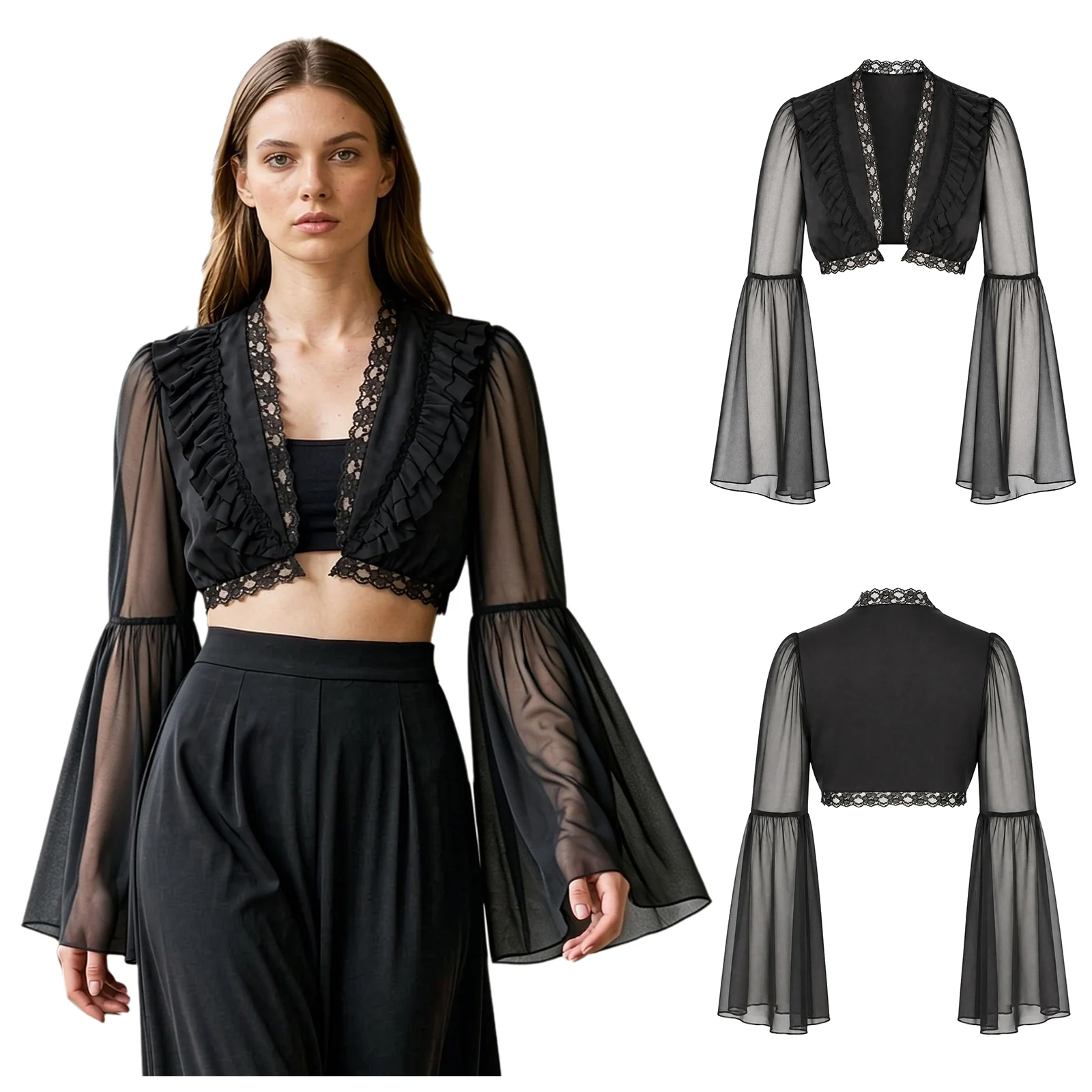 Womens Victorian Shrug Bolero Flare Sleeves Lace Trim Ruffles Open Front Cardigan Crop Top for Steampunk Party Fancy Dress Up
