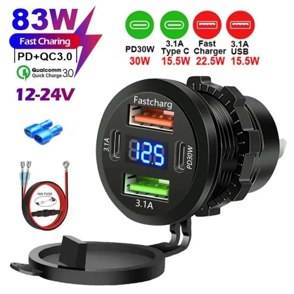 12V 24V 4 Port Car Charger Socket Dual USB Dual Type C Fast Charger Waterproof Voltmeter Power Outlet for Motorcycle Boat  Truck