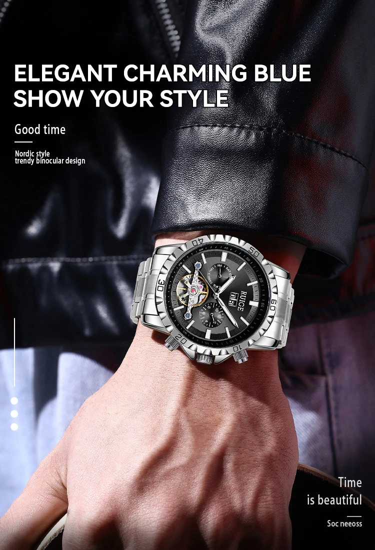 RUIGE Modische Trend-Herrenuhr mit Drei-Zifferblatt-Sechs-Zeiger-Edelstahlarmband, Automatische Mechanische Uhr – Detail 10