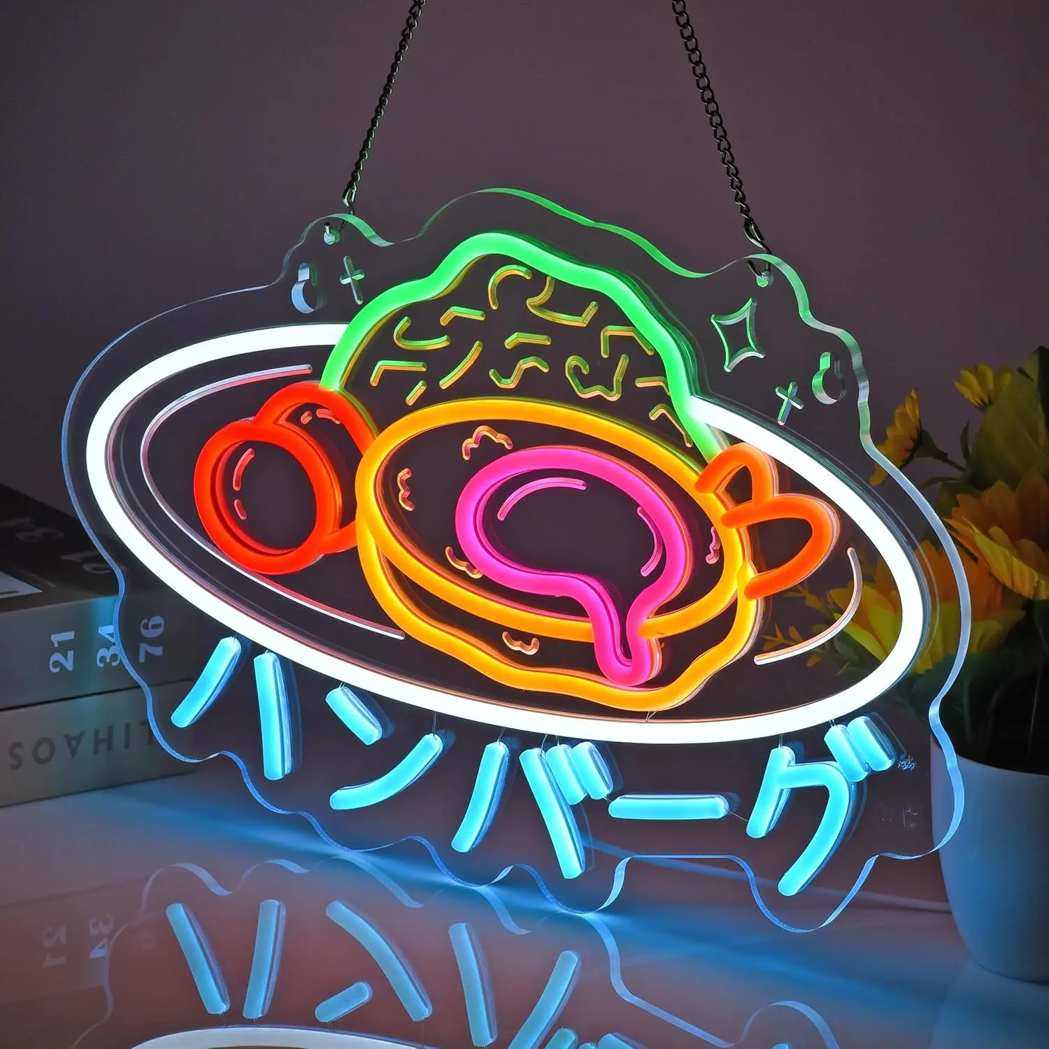 Japanese Hamburg Steak Neon Sign Hamburger Meat Neon Lights for Restaurant Shop Cafe Kitchen Party Home Decor USB Power Dimmable