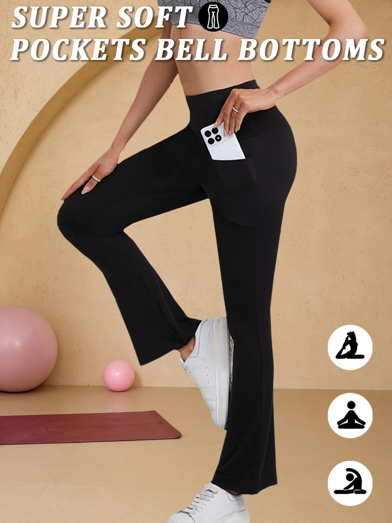 

Women's Super Soft Flare Pants with Pockets High Waisted Tummy Control Workout Yoga Push Up Gym Fitness Leggings Bell Bottoms