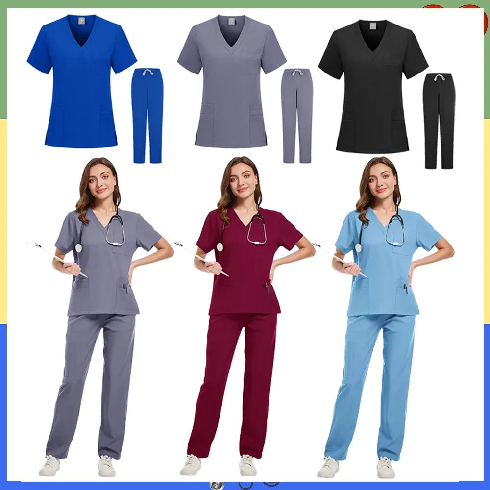 

Unisex Scrubs Uniform Suit Short Sleeve V-neck Top+jogger Pant Surgical Nursing Uniform Multicolor Doctor Nurse Medical Workwear