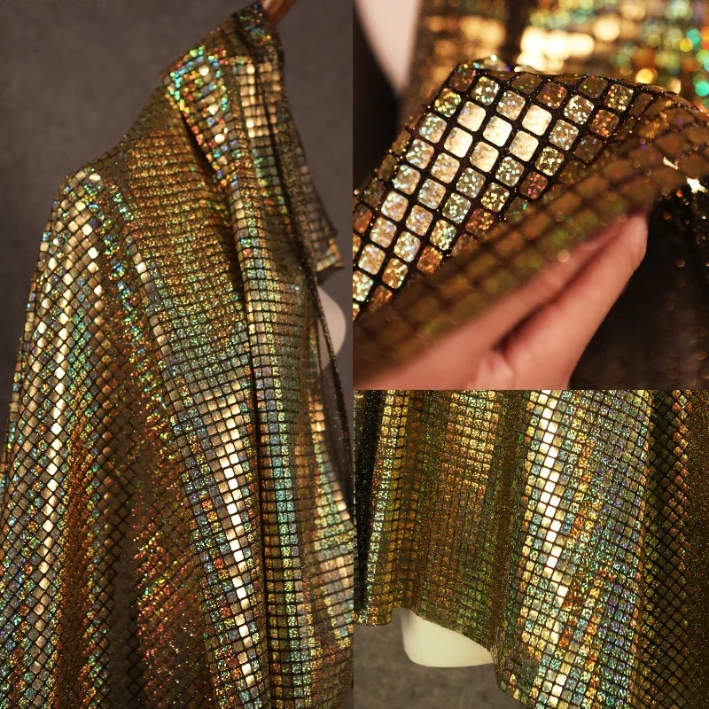 金色の虹色の金属生地,柔らかい反射グリッド,複合メッシュ,装飾服