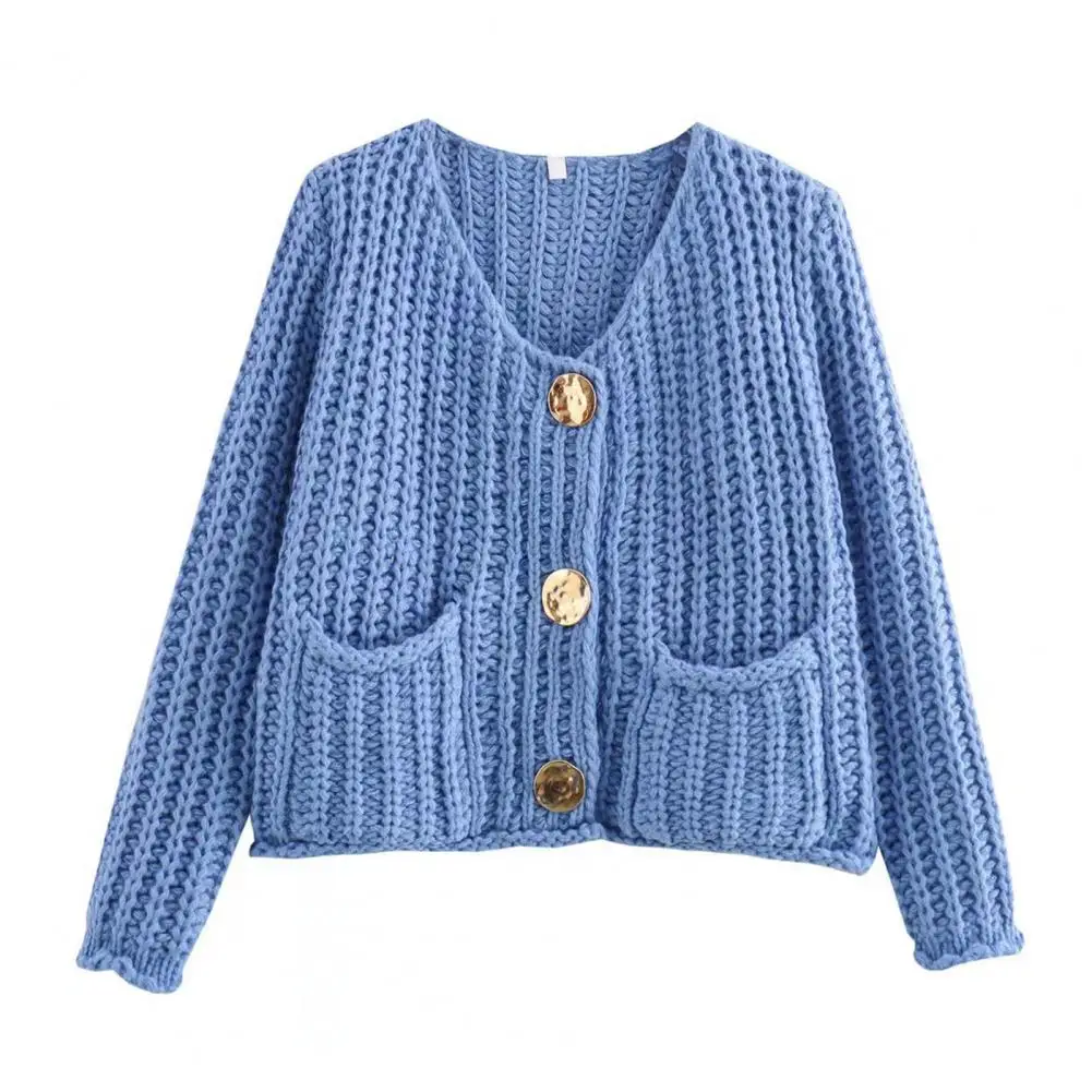 Cardigan court en tricot épais pour femme, pull avec boutons, poches à col en V vers le bas, adapté à l'automne