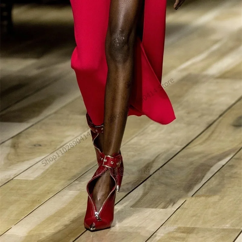 

Red Hollow Design Metal Pointed Toe Ankle Boots Ankle Buckle Strap Women Shoes Thin High Heels Runway 2025 Zapatos Para Mujere