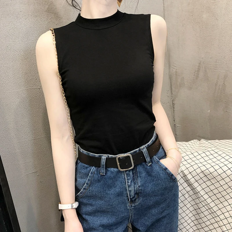 Summer Korean Half Turtleneck Tank Top Women Solid Color Sleeveless Slim Camisole