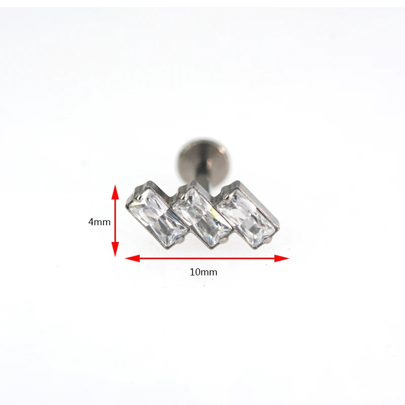 G23 F136 Titanium Ear Studs PIERC EAR Thread 3 5A CZ Set Rectangles CZ Top EARRING Labret Lip Stud Tragus Helix Body Piercing