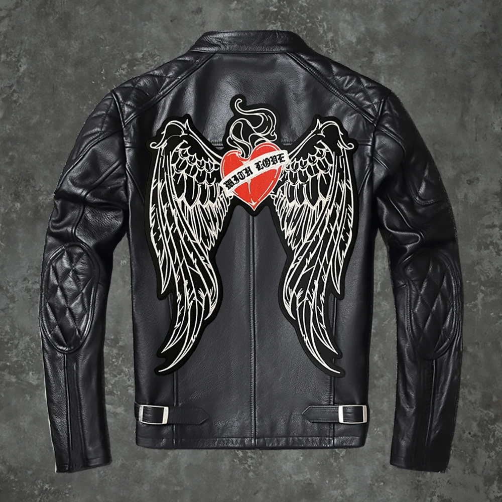 Z miłością na obu skrzyzach czerwone serce butik duża naszywka do haftu motocykl rycerz odzież akcesoria odznaka DIY szycie ręczne