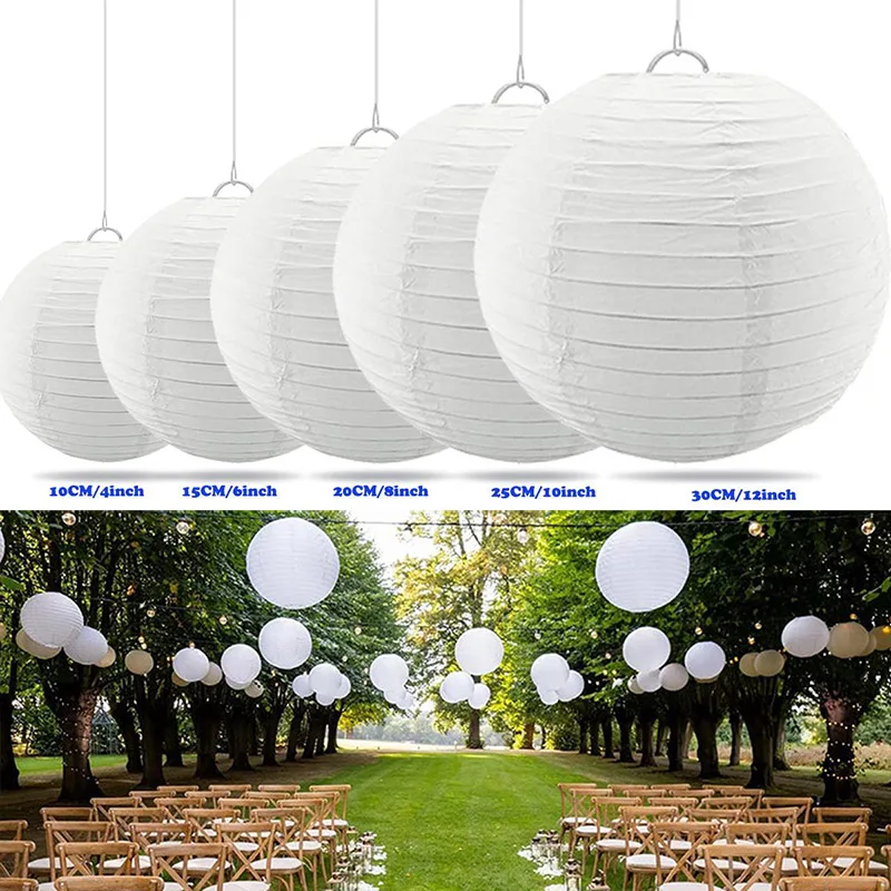 LIHAO 12-Inch White Round Paper Lanterns – 10-Pack, Foldable, Metal Frame, Perfect For Weddings, Birthdays, And Home Decor