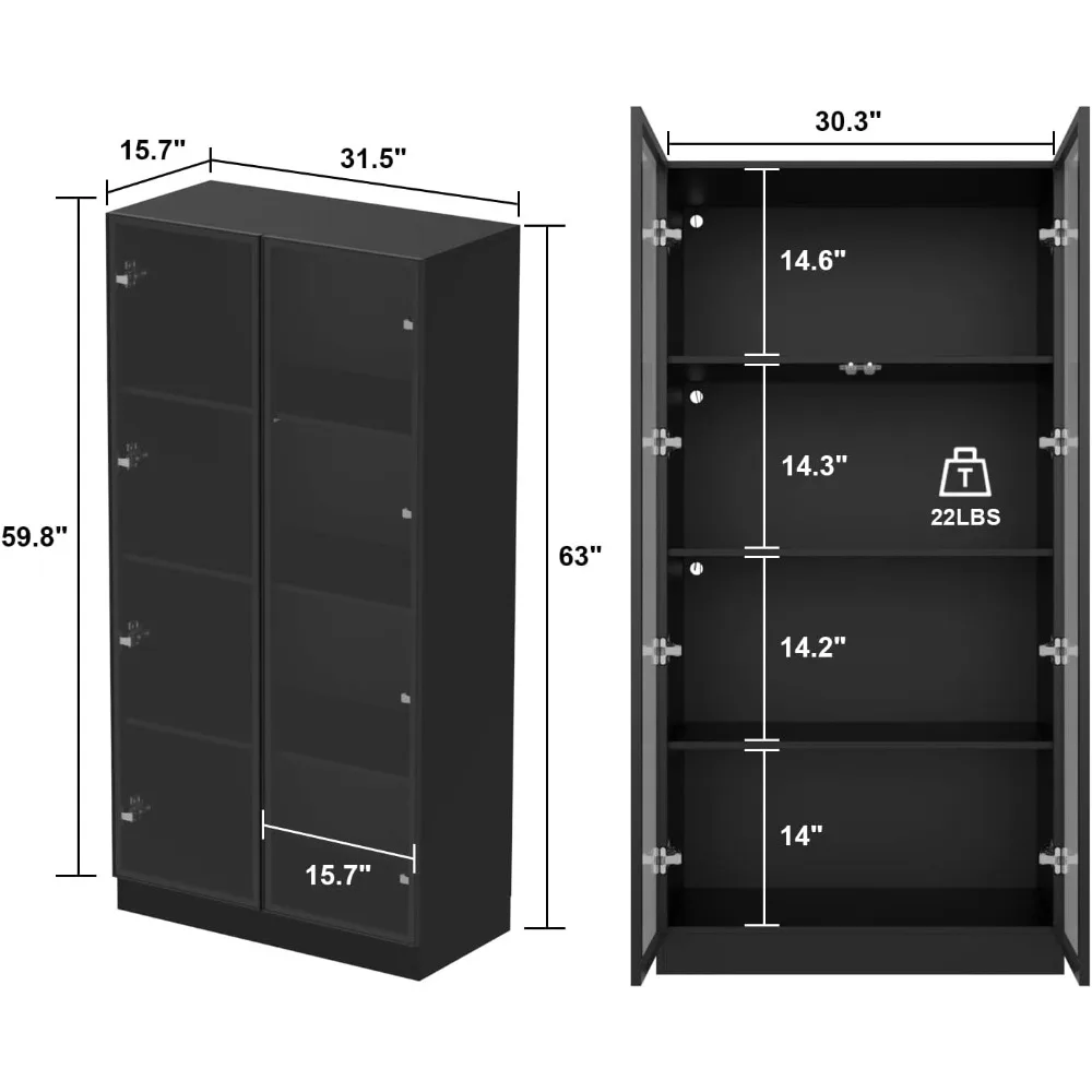 LED-Illuminated 4-Tier Tall Bookcase with Pop-Up Glass Doors, Freestanding Storage Cabinet for Home Display