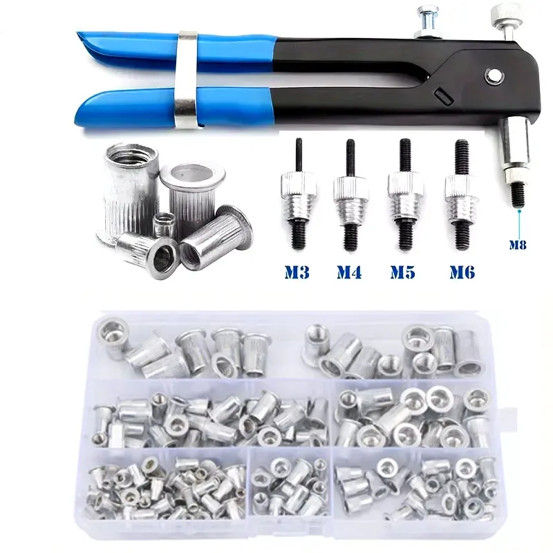 150PCS Rivet Nuts Kit M3/M4/M5/M6/M8 +1PCS Rivet Nut Gun+5PCS Nut Rivet Mandrels Rivet Nuts Gun Mandrel Kit Repairtool