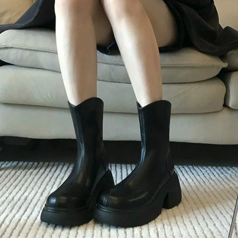 

Лидер продаж, ботильоны на толстой подошве, туфли на толстом каблуке с круглой головкой и боковой платформой, зимние уличные мотоциклетные ботинки на квадратном каблуке для отдыха