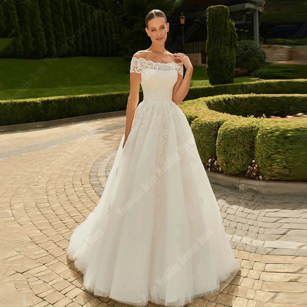 

Off Shoulder Sleeveless Women Wedding Dresses Elegant Lace Print A-Line Bride Gowns Mopping Length Vestidos De Novias Customized