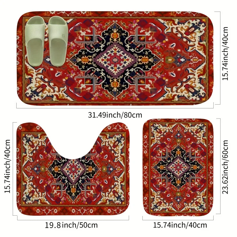 Thickened Three-piece Red Persian Tribal Elements Thicken Ultra-Soft Coral Fleece Bathroom Rug Set - 3pcs, Non-Slip