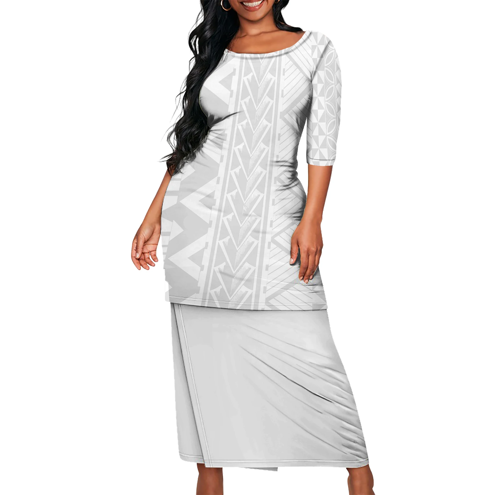 Island two-piece Puletasi Hawaiian white Polynesian tribal print ladies O-neck blouse and skirt 2 pcs Puletasi party dress