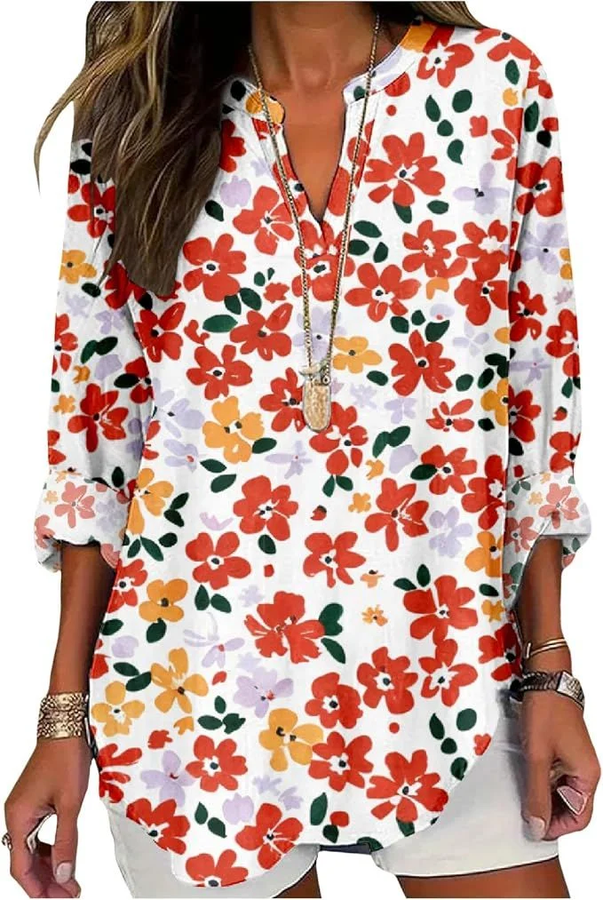 2025 novos estilos femininos vintage flores com decote em v camisa diversão boêmio padrão de flor camiseta casual flores silvestres camisa feminina