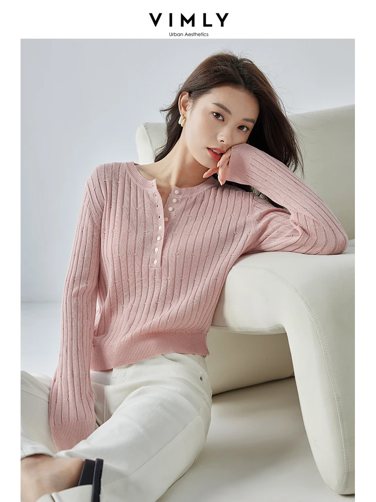 Vimly O-neck Knitted Women\'s Long Sleeve Top for Woman High Strecth Soft Female Knitwear 2024 Spring Short Knit Pullovers 16571