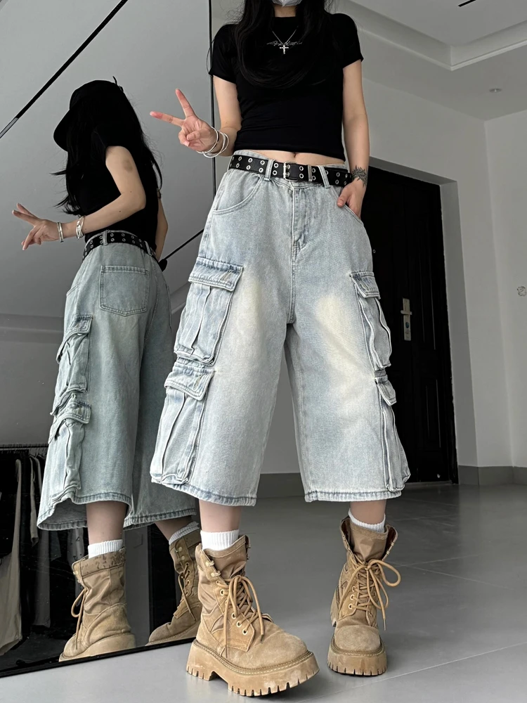 

American Retro Washed Jeans Women Spring Summer Wide Leg Cropped Pants Female Pocket Loose Straight Capri Trousers