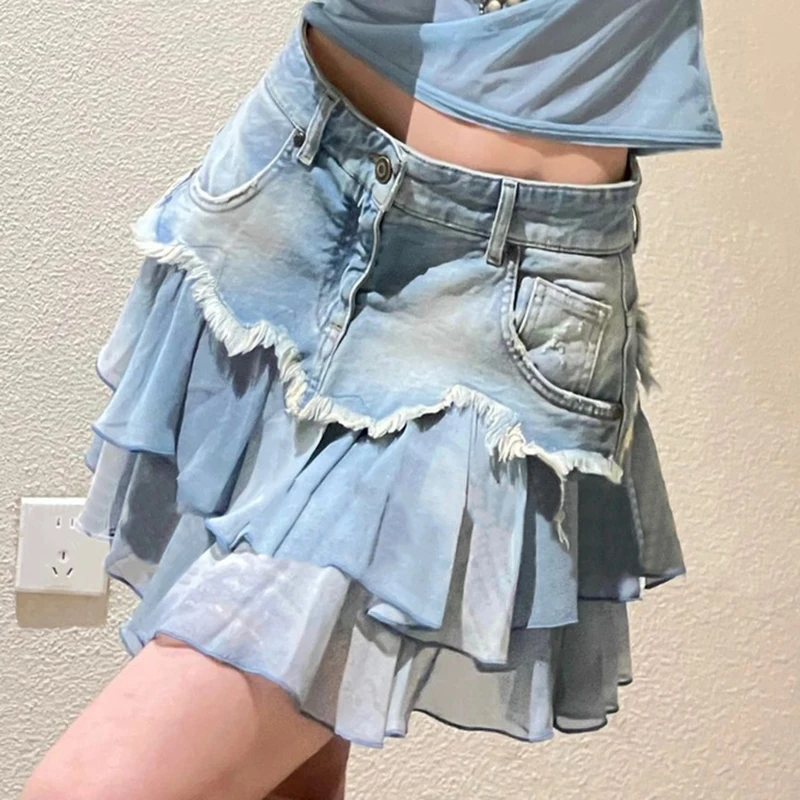 2023 Spring and Autumn New Fashion Royal Sister Fan High Waist Design Spliced Denim Half Skirt  Slim Fit