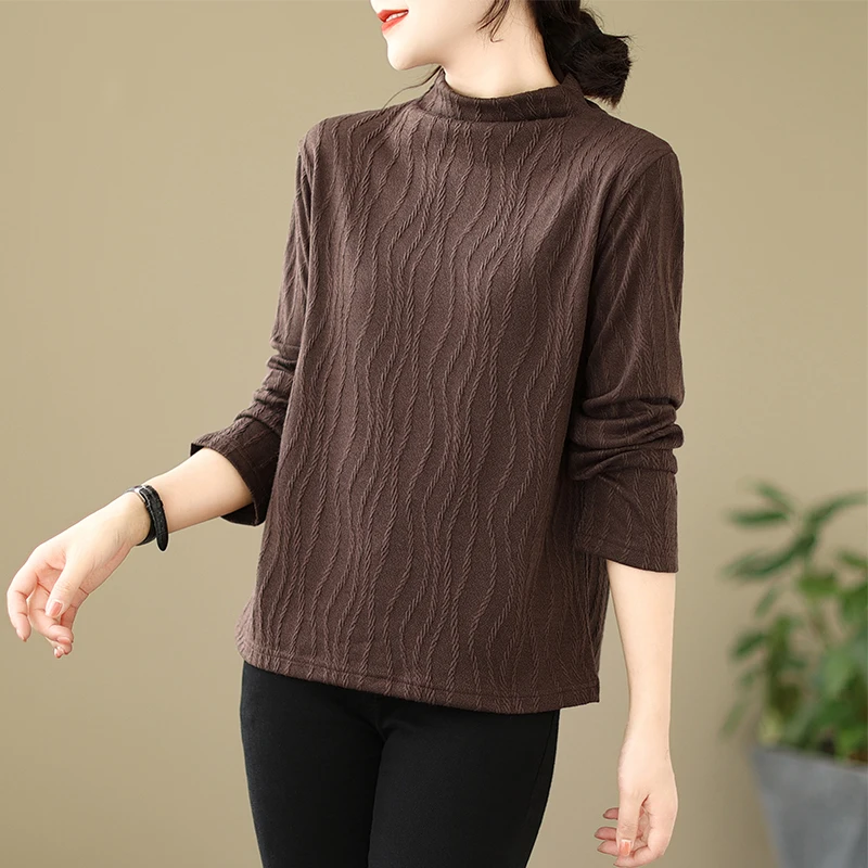 قميص نسائي أنيق بياقة نصف عالية وأكمام طويلة، قميص أساسي للربيع والخريف، تصميم جديد للارتداء الداخلي، قطن 00٪ بقصة فضفاضة #1