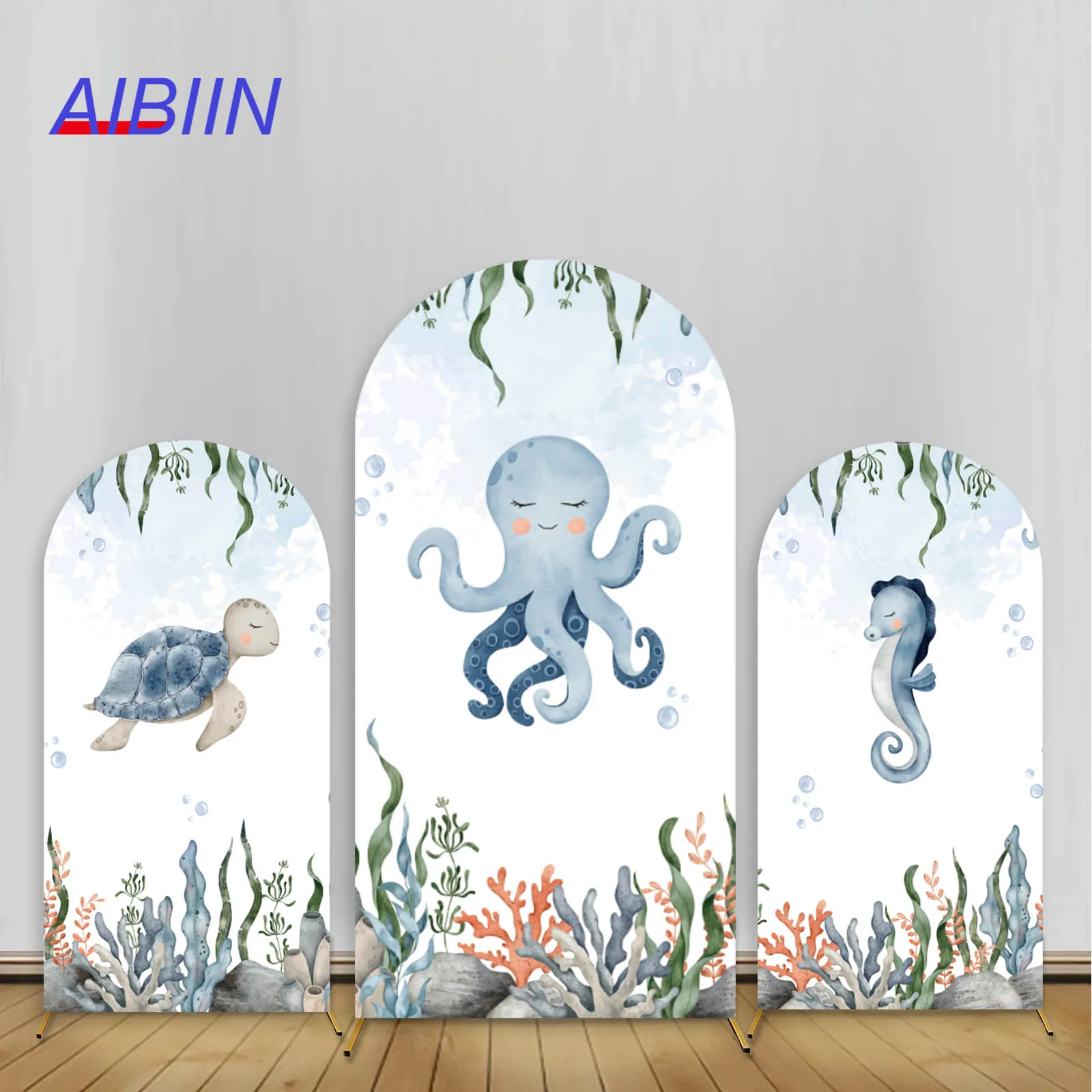 Underwater Sea Arch Backdrop Cover Marine Animal Octopus Seahorse Sea Turtles Coral Blue Boy Birthday Baby Shower Party Decor