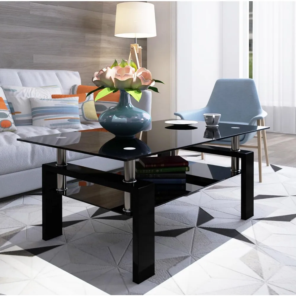 Living Room Table with Tempered Glass, Center Table for Living Room, Glass Table, Tea Table，Modern Coffee Table