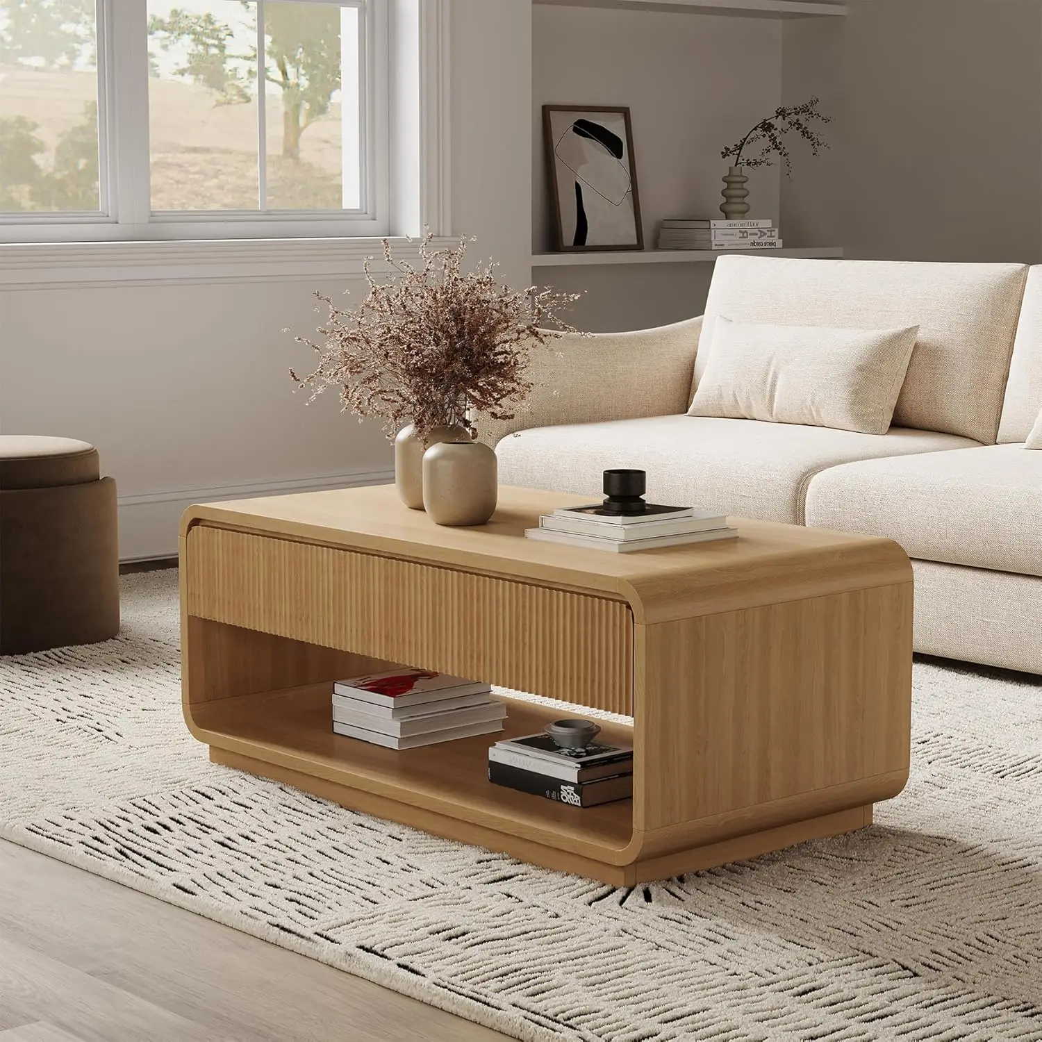 

39" Rectangular Coffee Table with Fluted Drawer and Open Shelf, Modern Wood Center Tea Table for Living Room,Customized