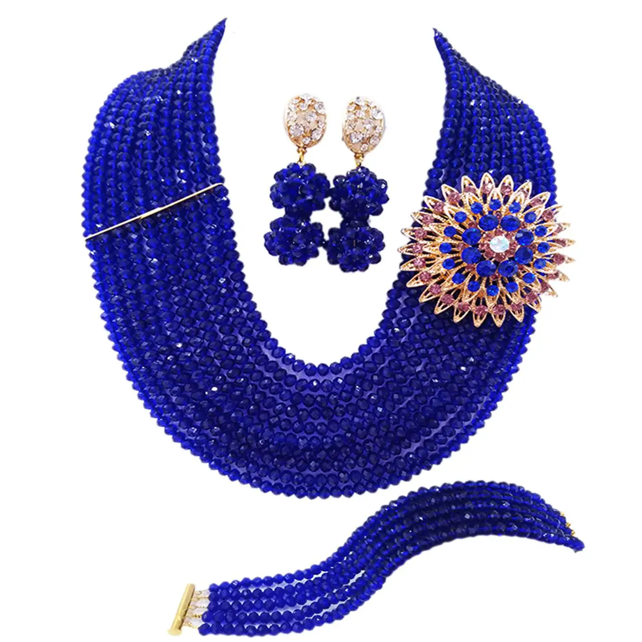 Fashionable Nigerian Wedding Couple Jewelry African Bridal Wedding Dress Accessories Royal Blue Crystal Necklace Set YY-43