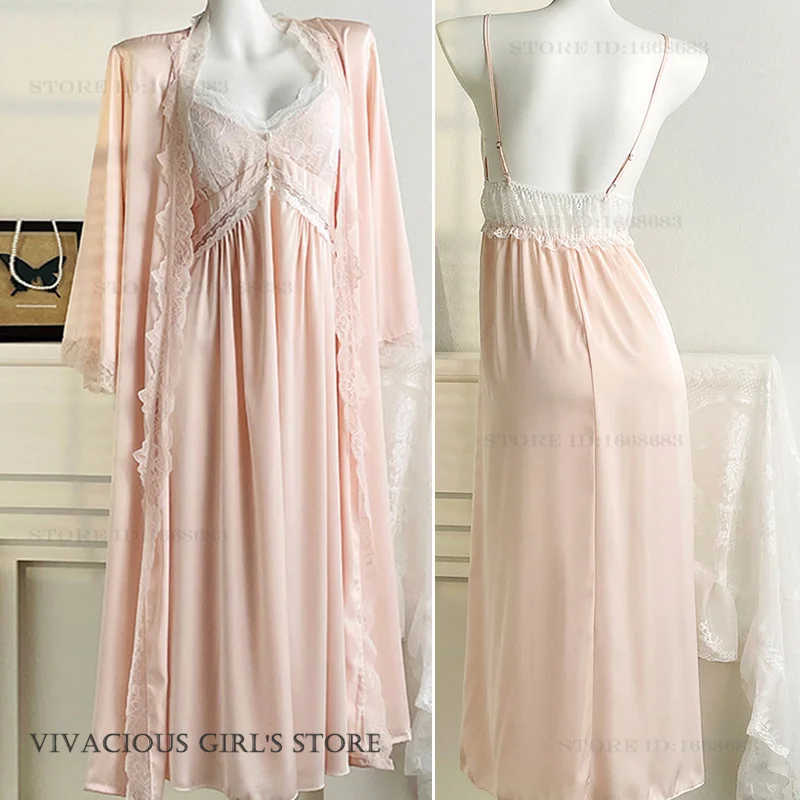 Retro French Court Style Long Robe Nightgown Set Silky Satin Bathrobe Sleepwear Sexy Hollow Out Lace Lingerie Homewear Pajama