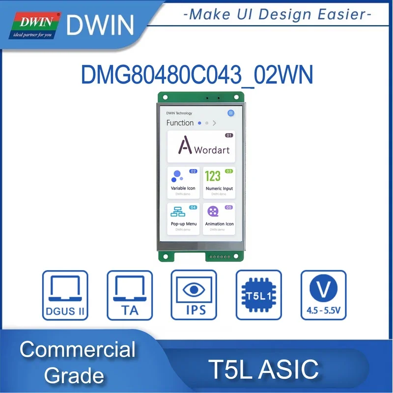 DWIN 4.3 인치 TFT LCD 모듈 800*480 픽셀 상업용 터치 스크린 TTL 스마트 디스플레이 HMI DMG80480C043_01W/02W
