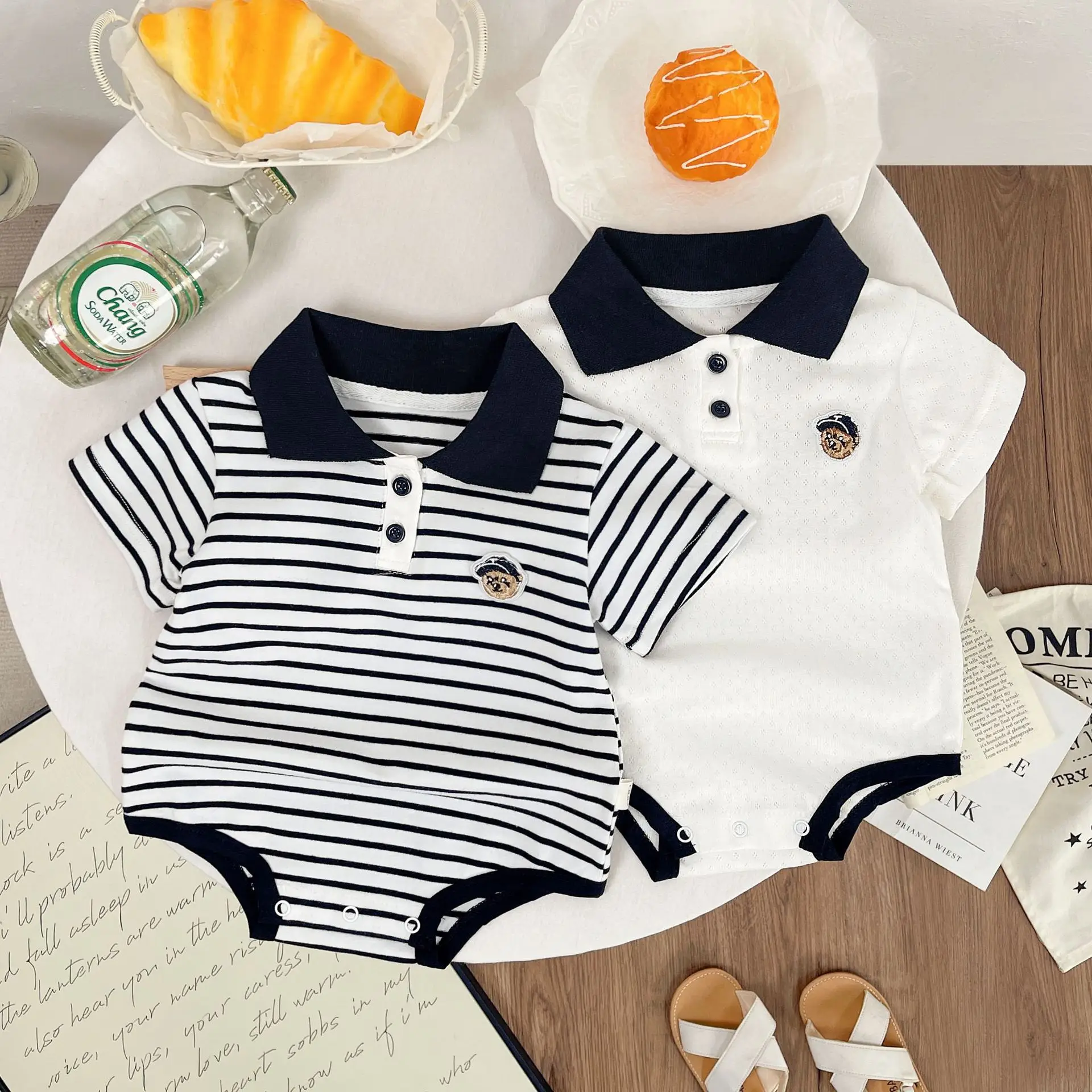 

Summer Baby White Striped Bodysuits for Newborns Boys Girls Romper Onesie Cotton Short Sleeve Turn Down Collar Infant Jumpsuit