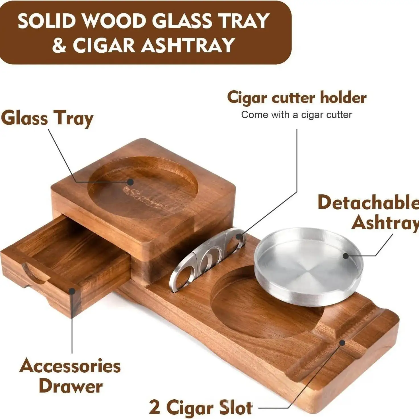 Ashtray Coaster Whiskey Glass Wooden Ash Tray With Cutter, Includes Drawer And Cigar Slot Father Gift Set Cigarette Accessories
