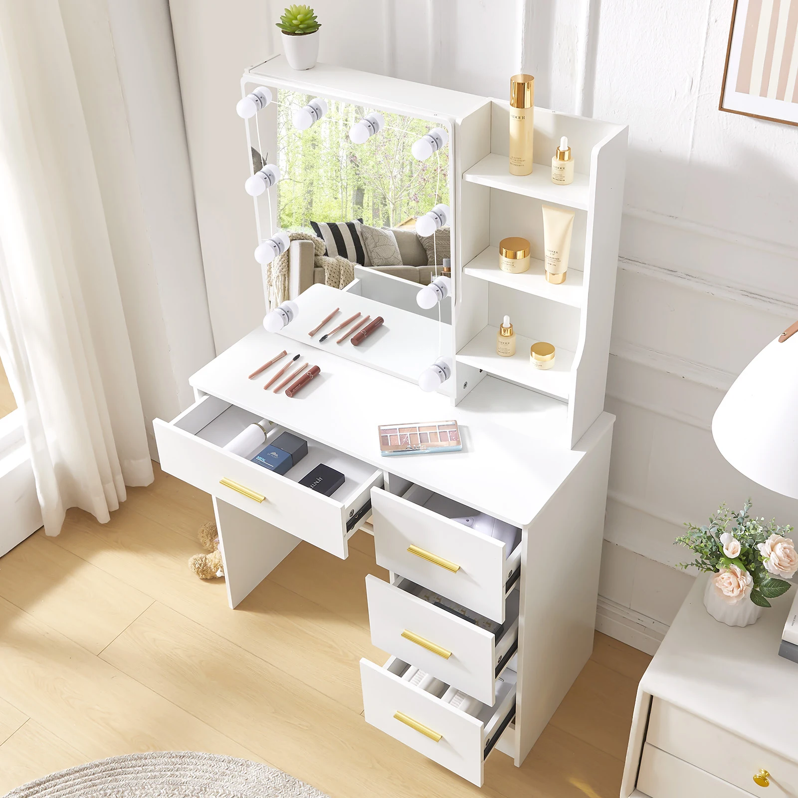 طاولة الزينة الحديثة، طاولة الزينة، مرآة مضاءة أنيقة مع 4 أدراج #3