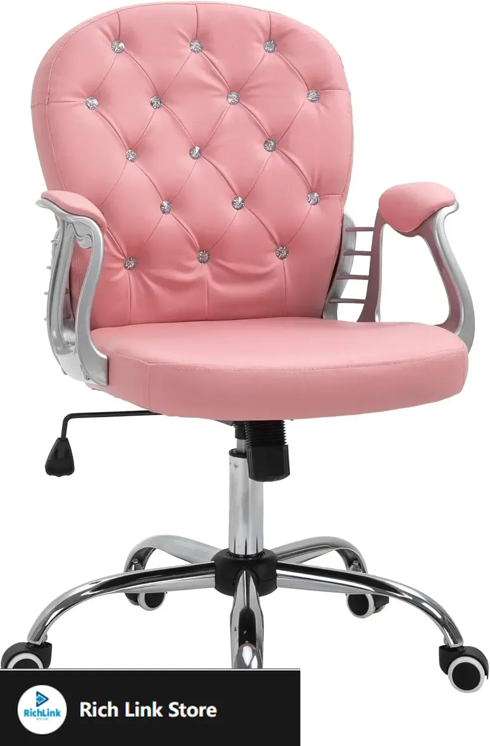 

PU Leather Home Office Chair, Button Tufted Desk Chair with Padded Armrests, Adjustable Height and Swivel Wheels, Pink