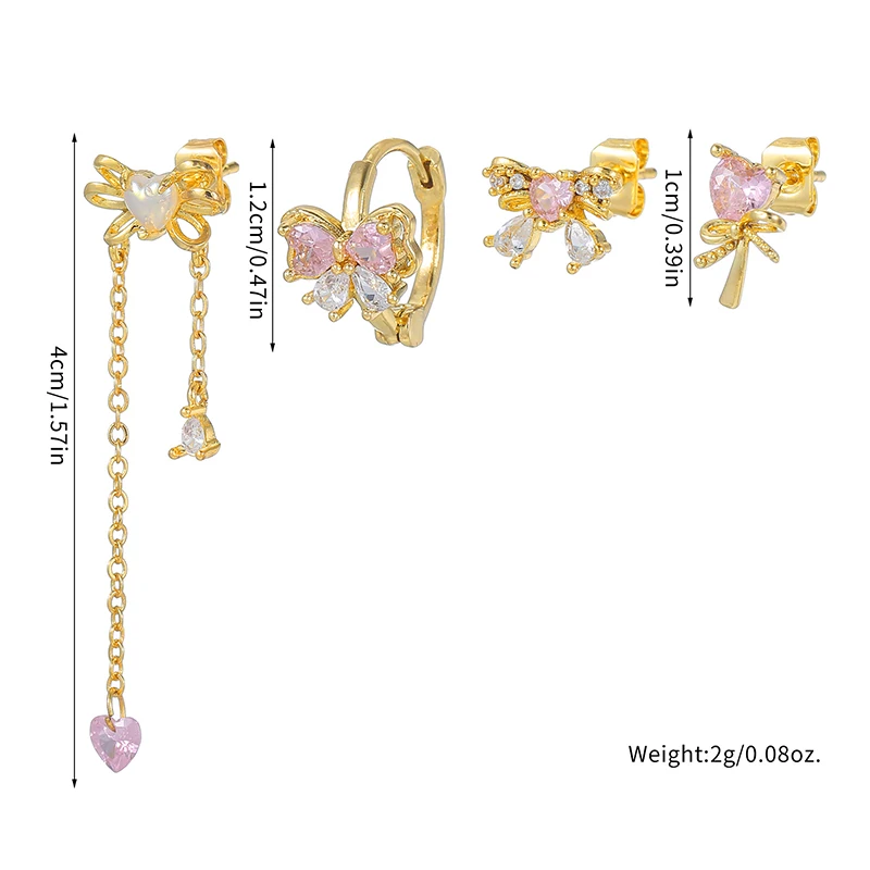 الوردي تشيكوسلوفاكيا زركونيا القلب استرخى طقم من الحلقان للنساء مطلية بالذهب ثقب Bowknot وأقراط امرأة مجوهرات الأزياء الإكسسوار #4