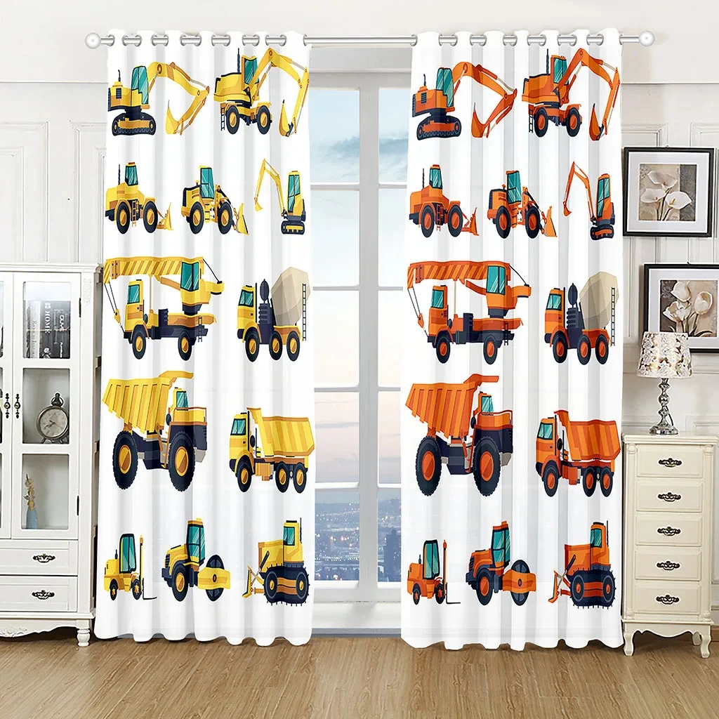 

2 Panels 3D Cartoon Farm Tractor Truck Excavator Bulldozer Child Curtains for Boys Kids Room Kitchen Windows Decor Curtains