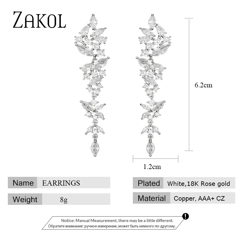 ZAKOL Exquisite White Gold Color Leaf Long Dangle Earrings for Women Fashion Cubic Zironia Bridal Earring Wedding Jewelry