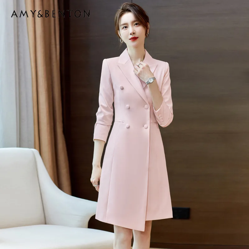 Commute Style Business Suit Dress for Women Spring Autumn Elegant Graceful Cross Collar Slim Double-Breasted Dresses White Dress