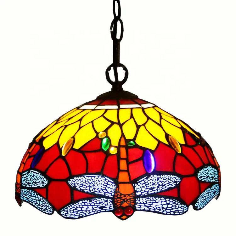 12 Inch European Pastoral Retro Tiffany Pendant Light with Red Dragonfly Pattern Glass Shade
