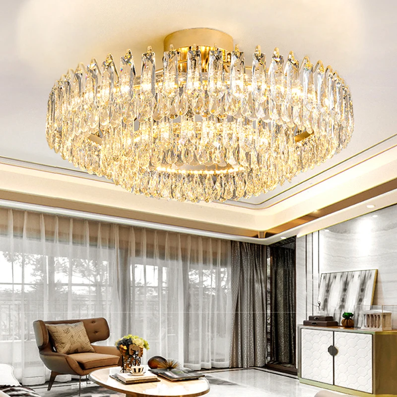 Modern K9 Crystal Golden or Chrome Frame Ceiling Lights LED Lighting Ceiling Lamps Home Decoration New Lustres for Living Room