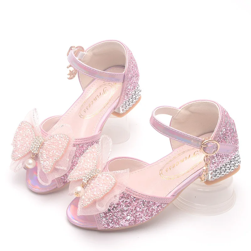 Summer New Girls' Sandals Fashion Sequins Bow-knot Children's Performance Shoes Baby Girls' High Heels 3-12 Years Old