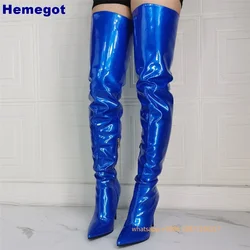 Blue Sexy Over Knee Women's Boots 2024 Autumn New Pointed Patent Leather Catwalk Stage Stiletto Boots Fashion Zipper Party Boots