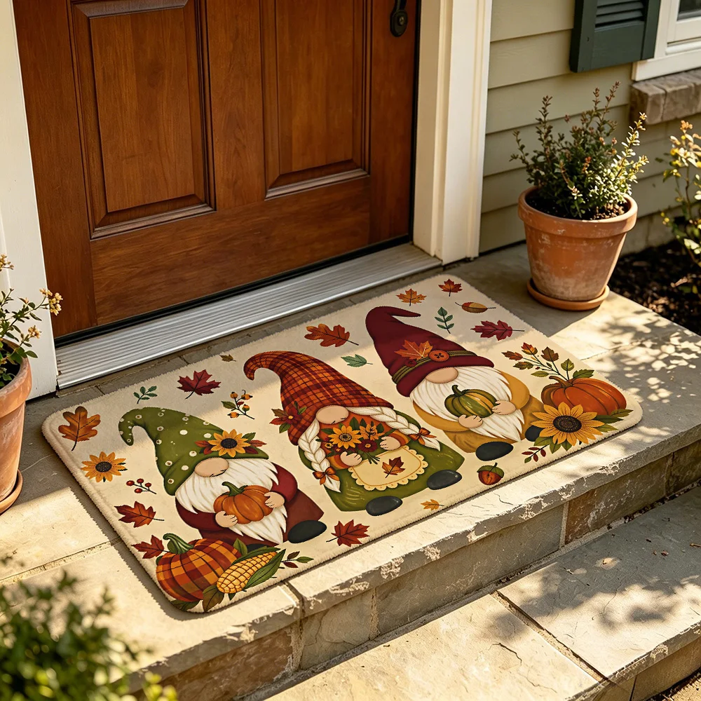 1PC Autumn Harvest Gnome Pumpkin Maple Leaf Print Door Mat Flannel Silicone Dots Non Slip Rug Stylish Decor For Entrance Bath