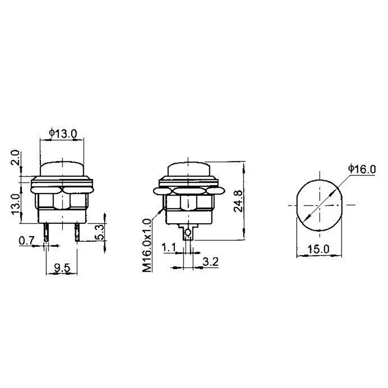 18個16ミリメートルセルフリターンモーメンタリプッシュボタンスイッチ6A/125VAC 3A/250VAC