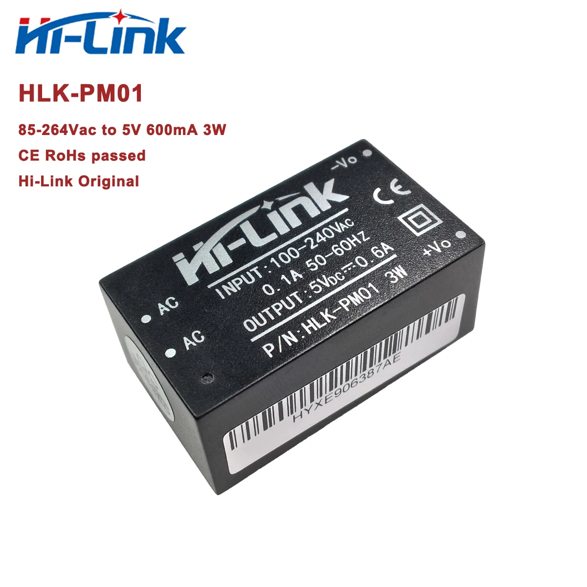 

Free Shipping 50pcs HLK-PM01 600mA 5V 3W AC DC Power Supply Module 220v CE RoHs